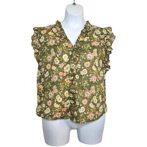 Elan Olive Floral Ruffle Sleeveless Top Size M V-Neck